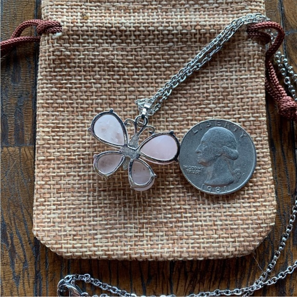 Rose Quartz Butterfly Necklace Rose Quartz Pendant Genuine Rose Quartz Necklace - Picture 3 of 3